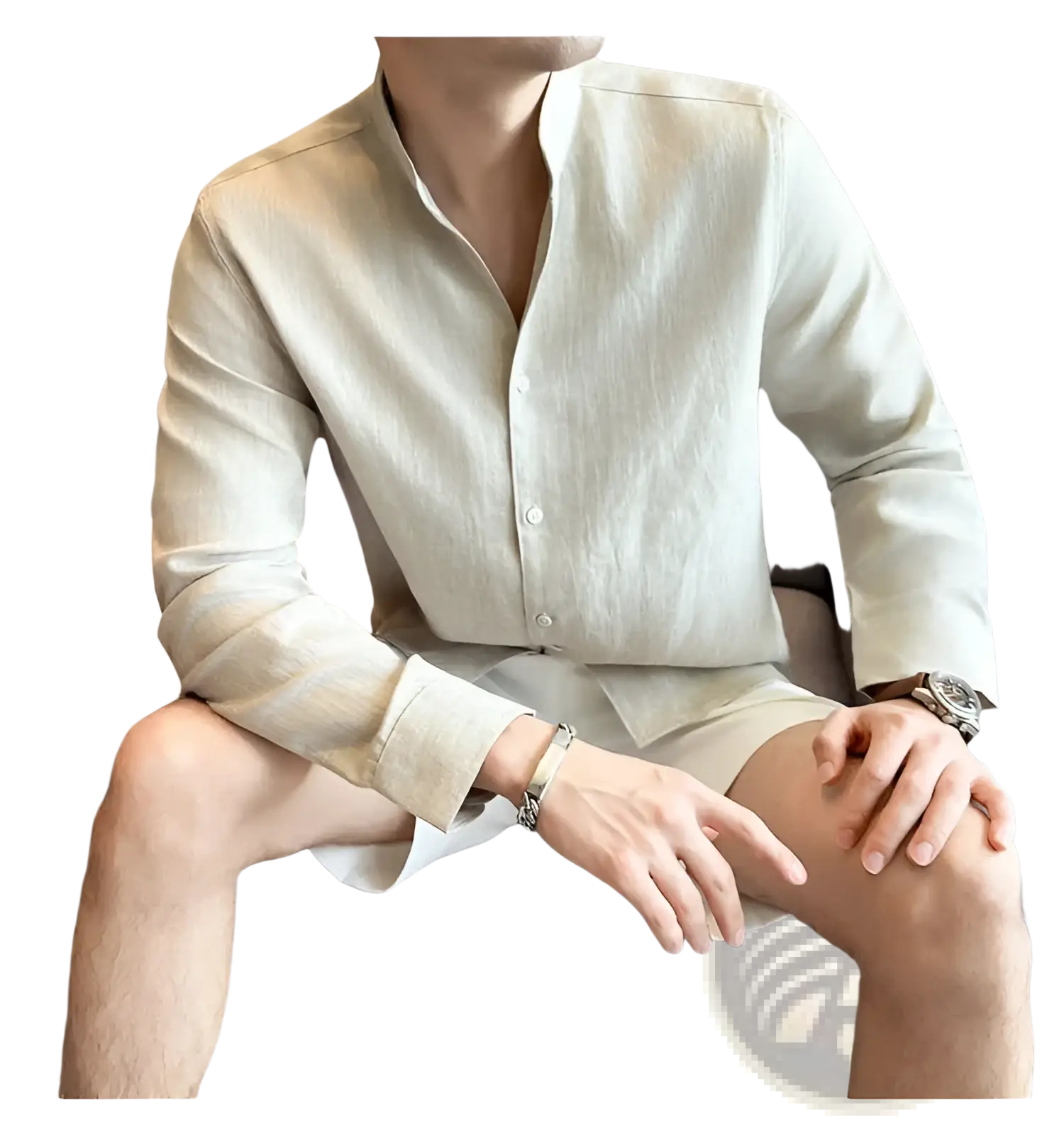 Beige men’s linen button-down shirt with subtle texture and classic collar ideal for casual or formal wear