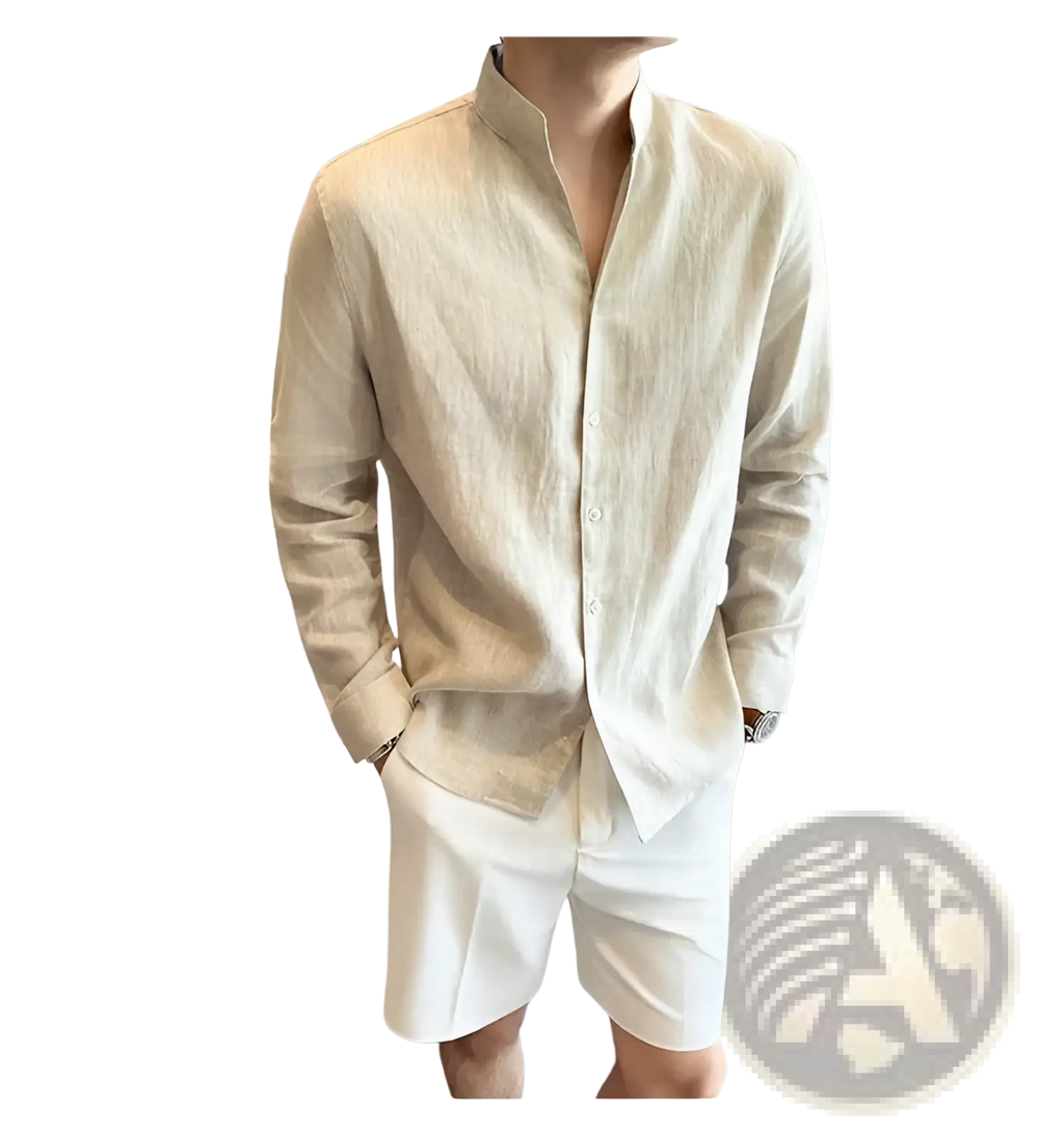 Men’s beige linen mandarin collar shirt with long sleeves and buttons for a stylish breathable look