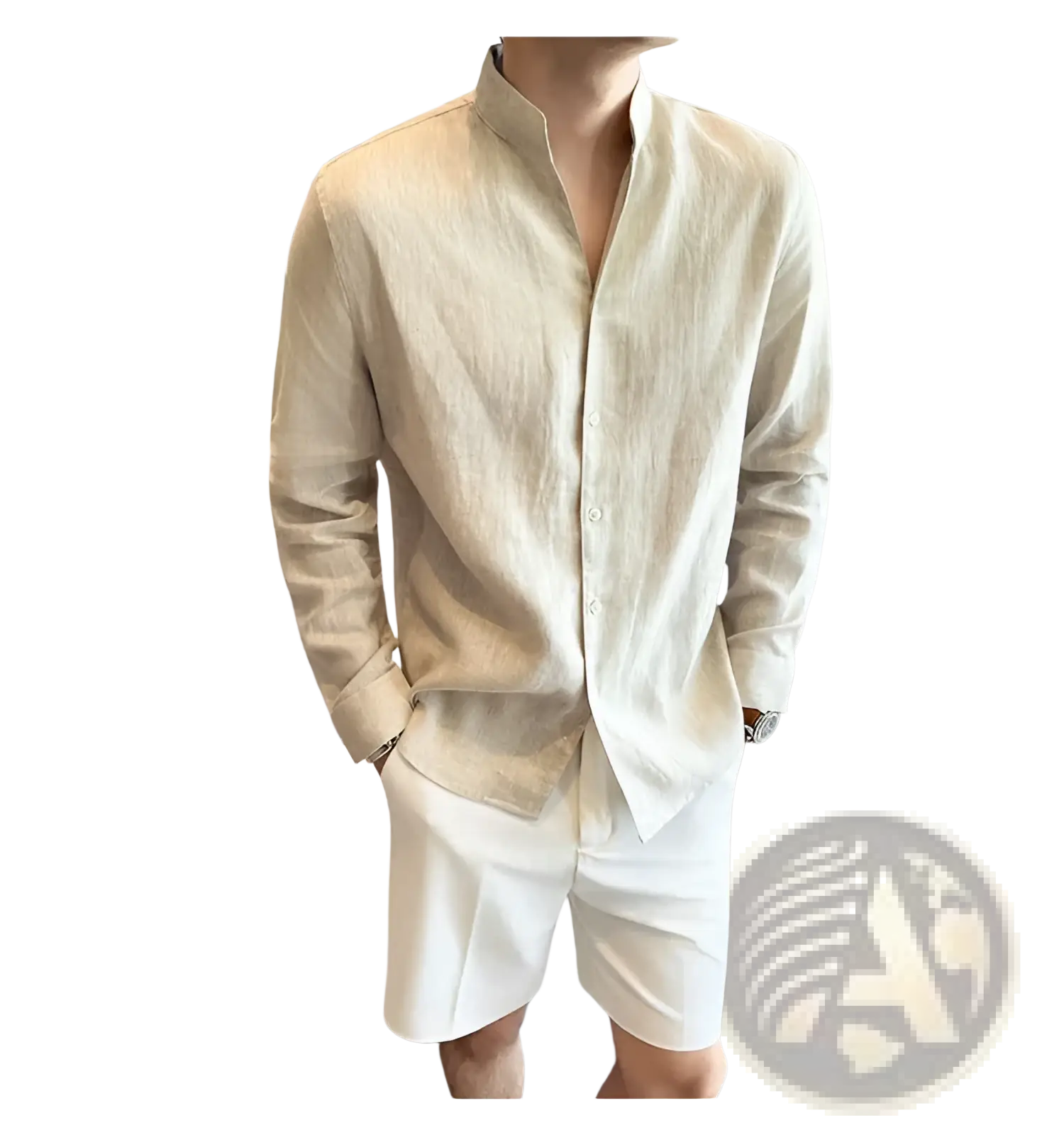 Men’s beige linen mandarin collar shirt with long sleeves and buttons for a stylish breathable look
