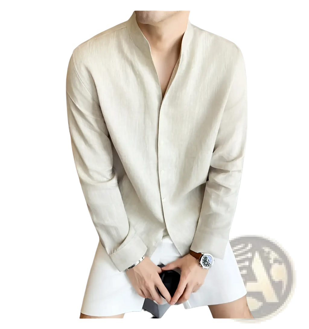 Beige linen men’s button-up shirt with mandarin collar and long sleeves for a stylish casual look