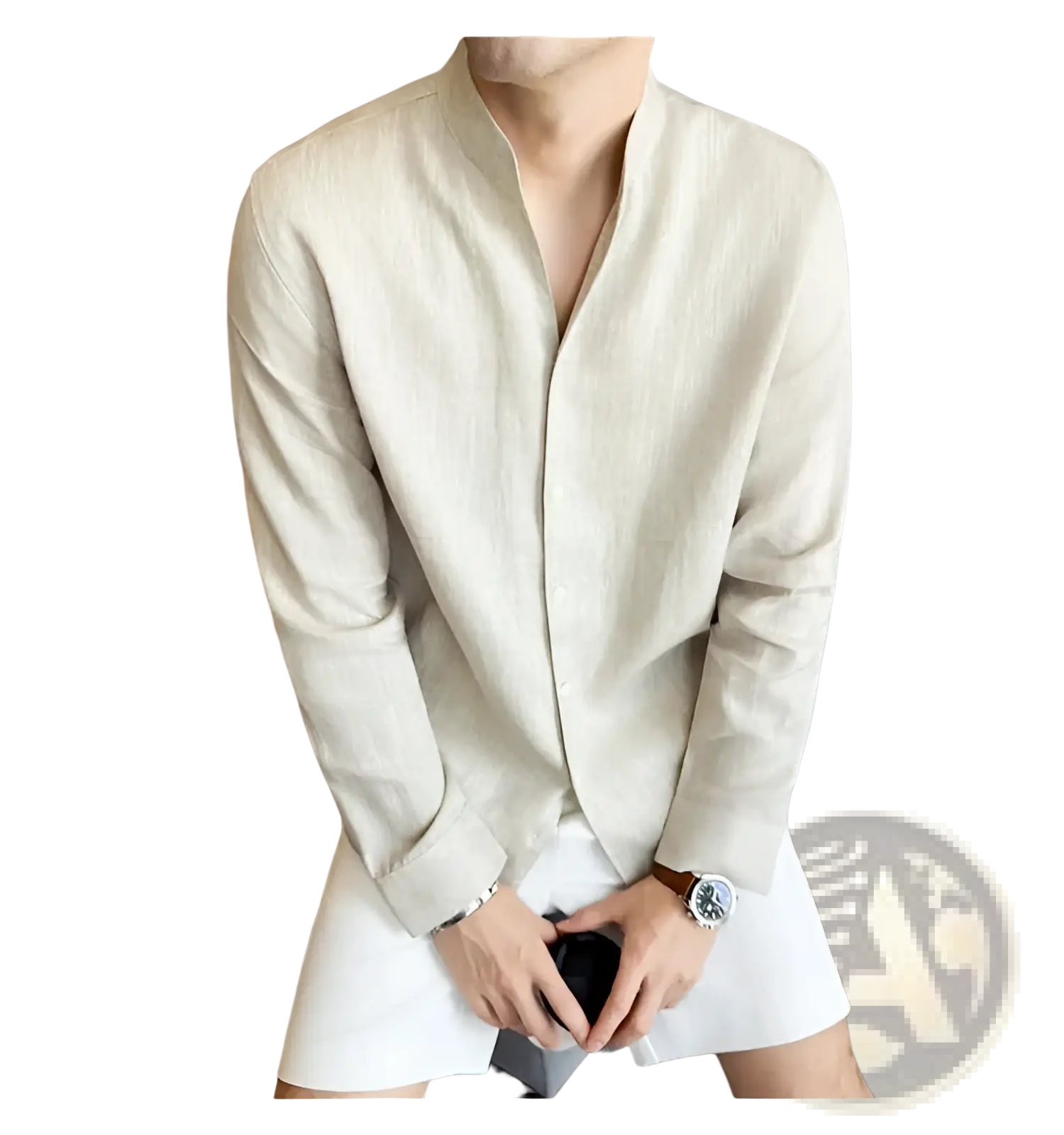 Beige linen men’s button-up shirt with mandarin collar and long sleeves for a stylish casual look
