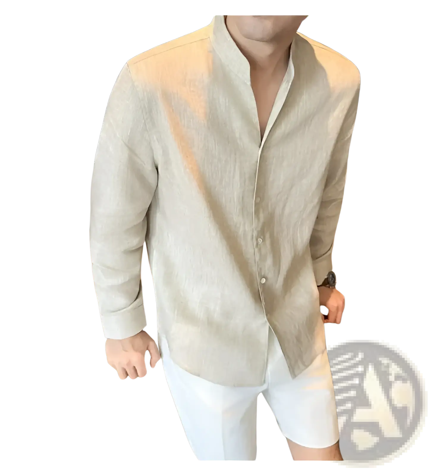Beige men’s linen button-up shirt with mandarin collar ideal for casual and formal wear
