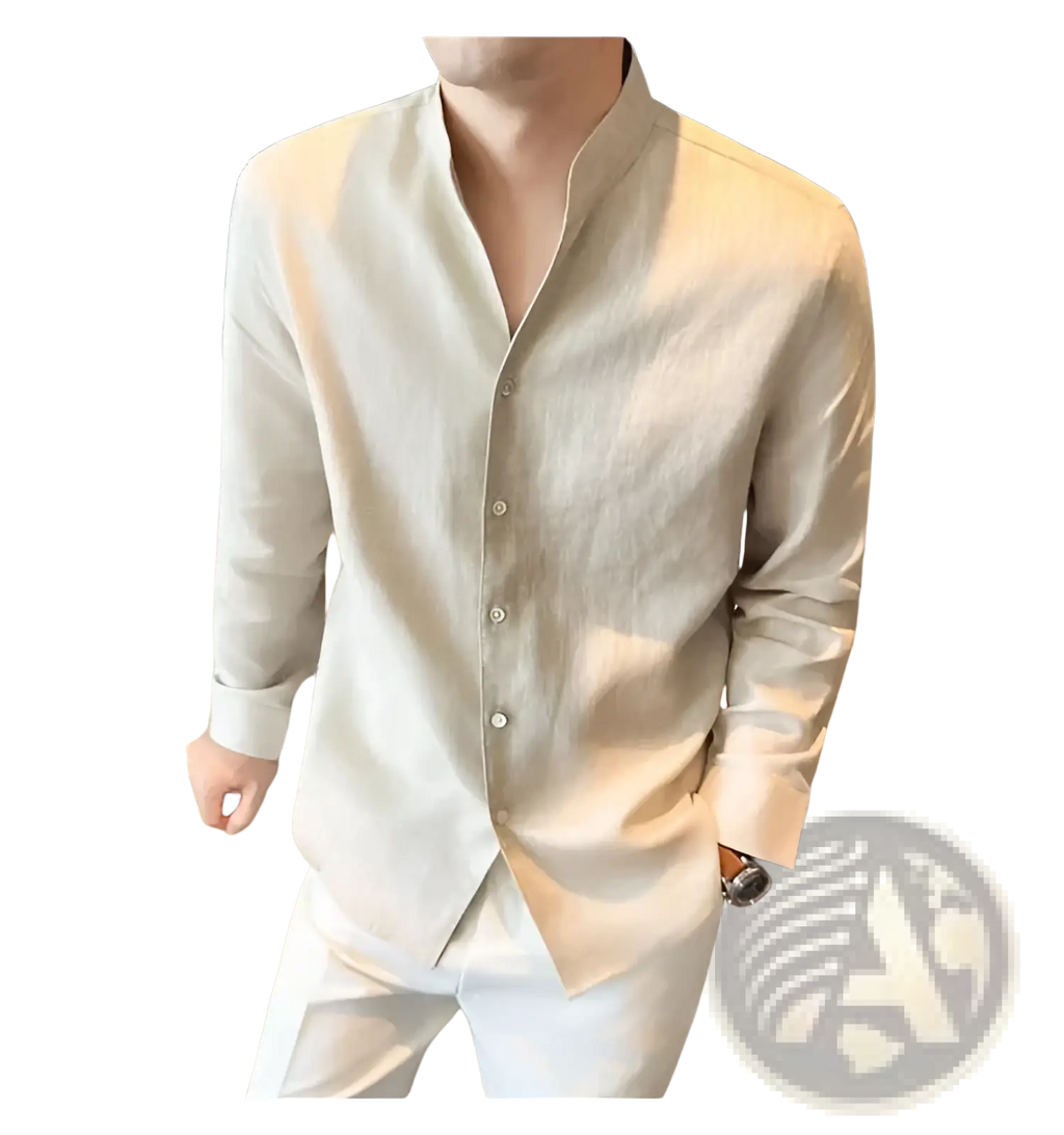 Beige men’s linen mandarin collar shirt with button-up front and subtle texture ideal for casual wear