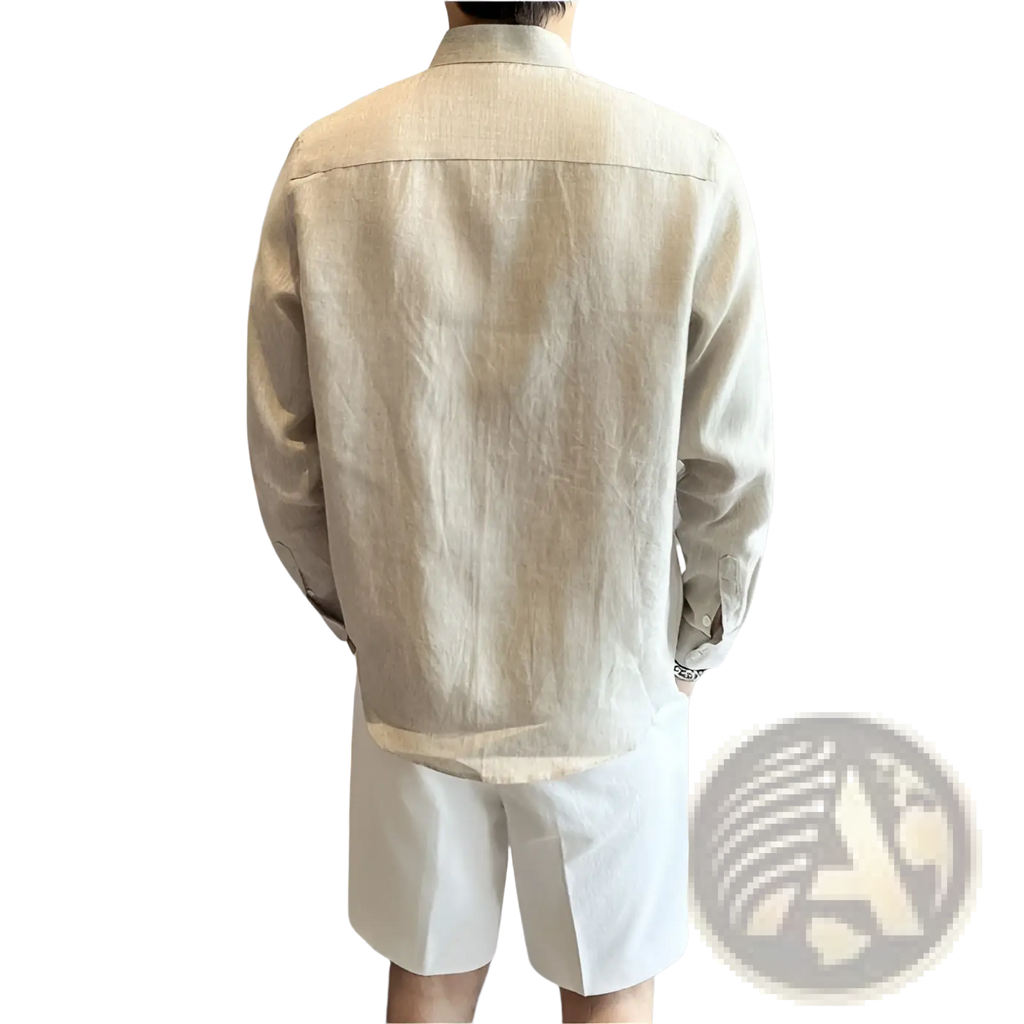 Beige men’s linen mandarin collar shirt with a relaxed fit and subtle texture in button-up style