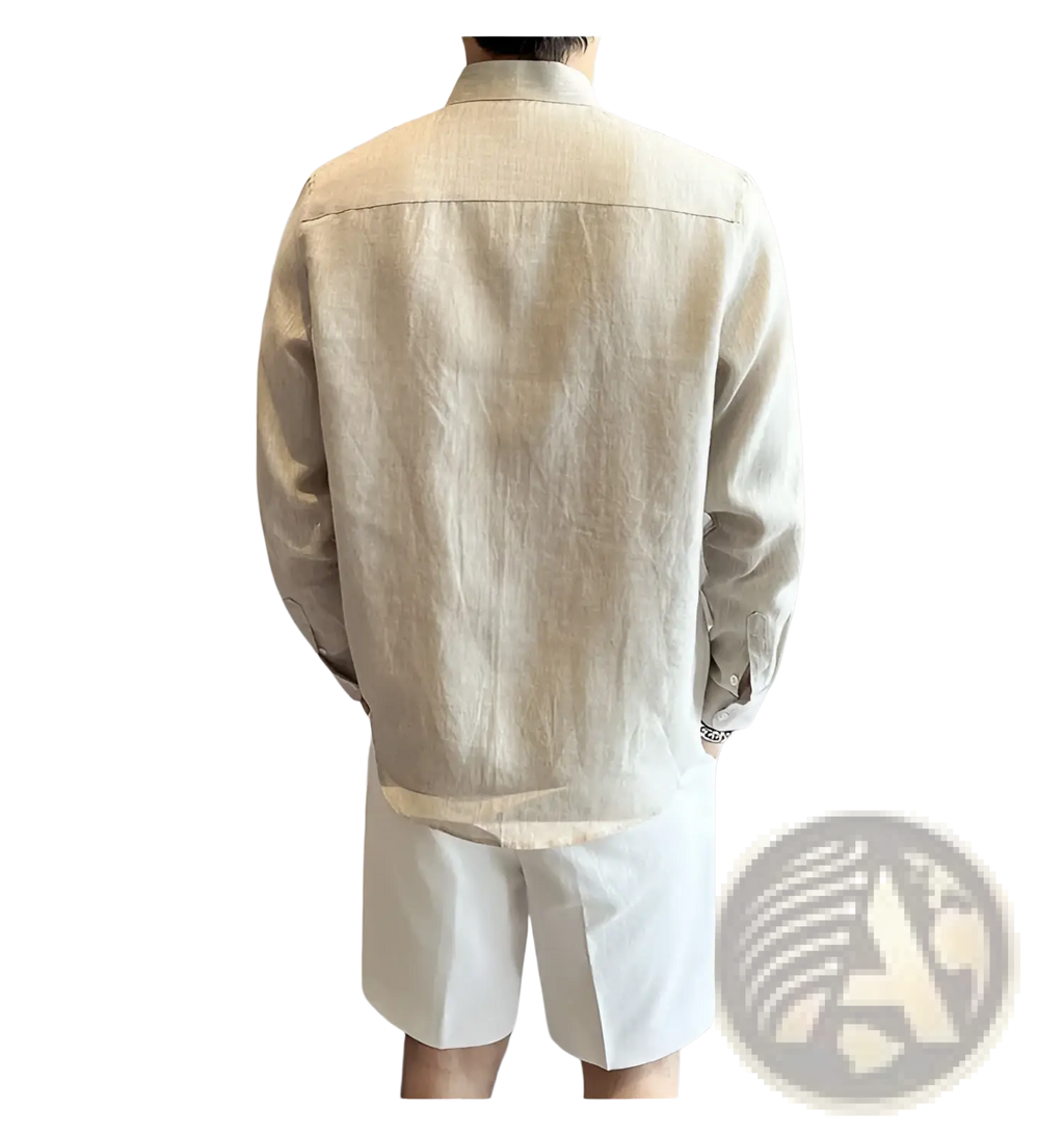Men’s beige linen long-sleeved shirt with classic collar and buttoned cuffs in a stylish mandarin collar design