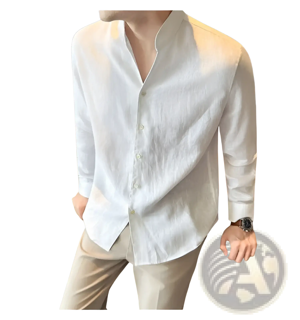 Men’s linen mandarin collar shirt in crisp white with button-down front made from breathable linen fabric