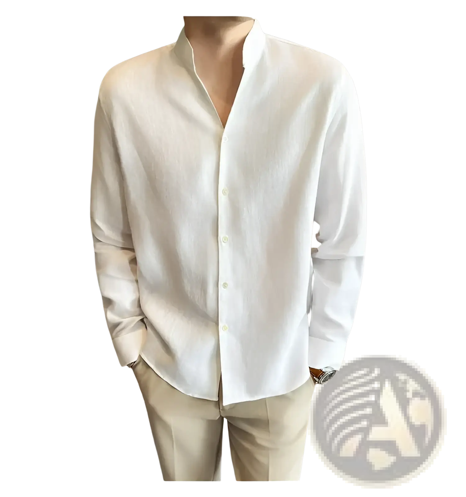 Men’s crisp white linen mandarin collar shirt with long sleeves and lightweight fabric for formal wear
