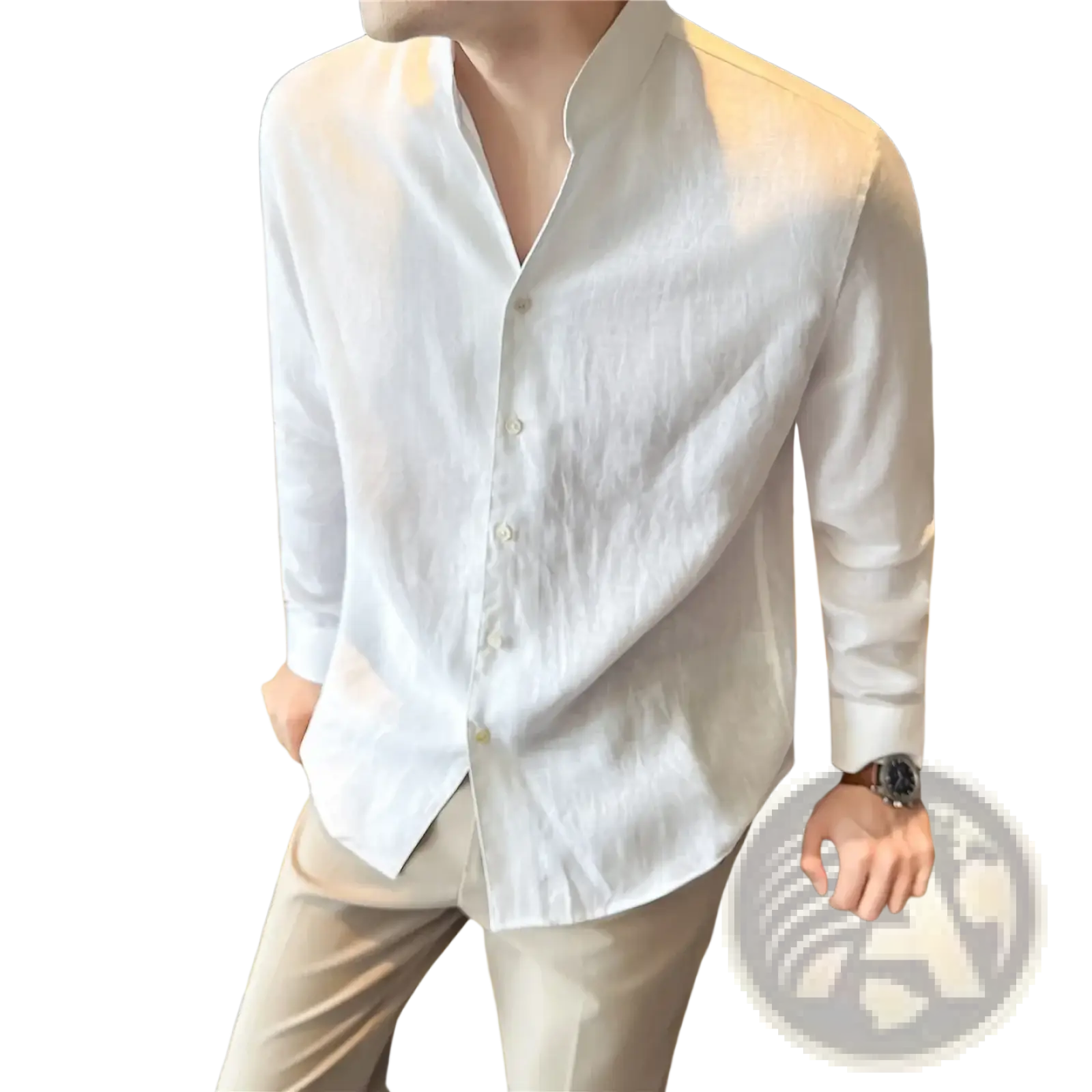 Men’s crisp white linen shirt with mandarin collar and subtle button-down front long sleeves