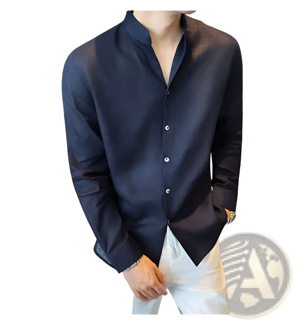 Men’s dark navy linen long-sleeved mandarin collar shirt with button-up front and subtle sheen