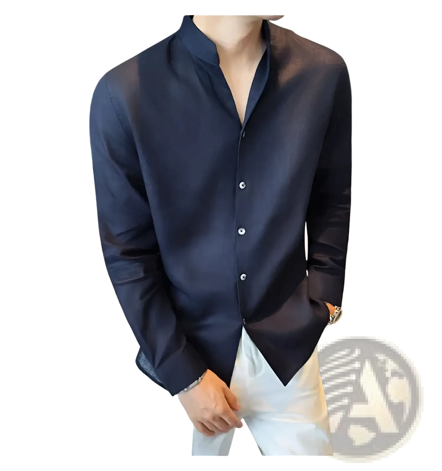 Men’s dark navy linen long-sleeved mandarin collar shirt with button-up front and subtle sheen
