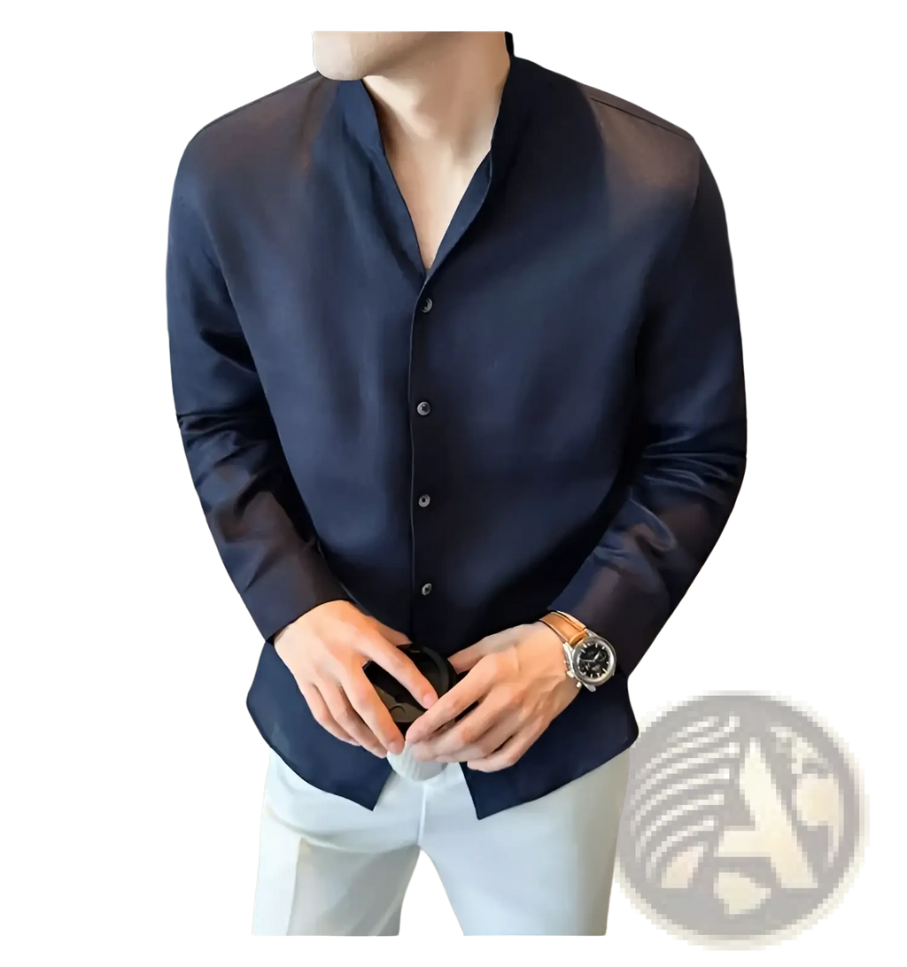 Dark navy silk men’s button-down shirt with linen mandarin collar for a stylish and breathable look