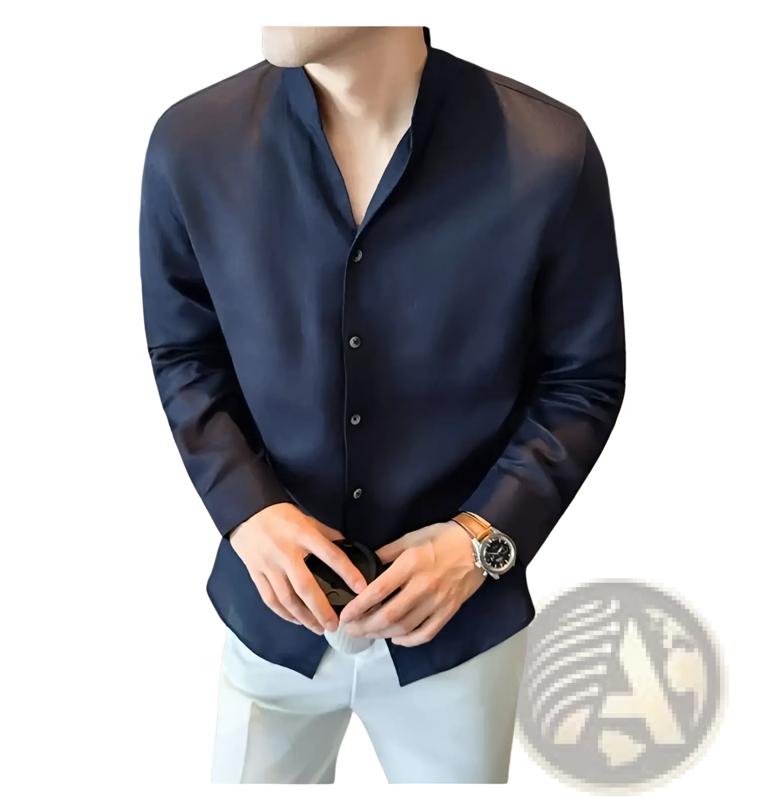 Dark navy silk men’s button-down shirt with linen mandarin collar for a stylish and breathable look