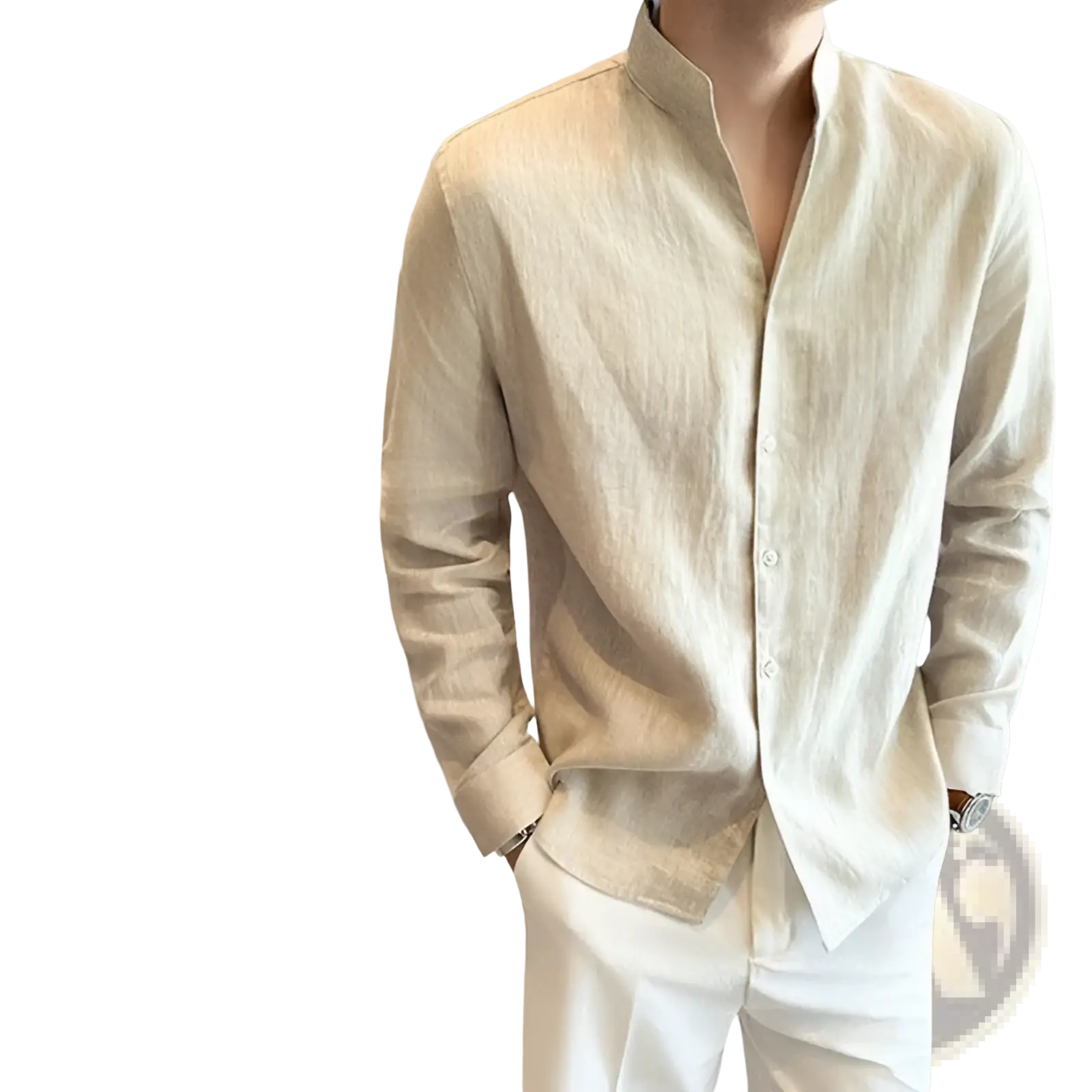 A light beige 100 percent pure linen men’s shirt with mandarin collar and button down front from the front