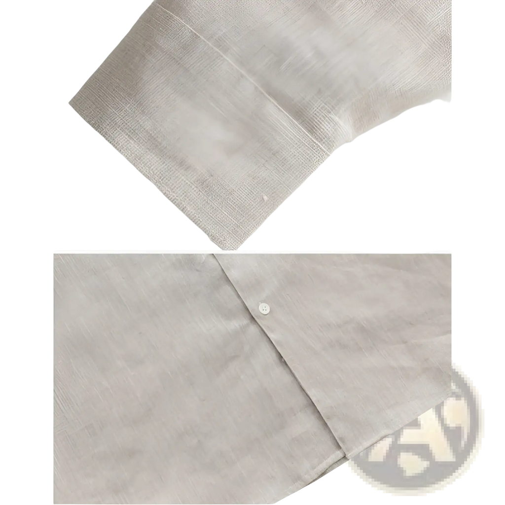 Men’s light beige linen mandarin collar shirt cuff with button detail showcasing breathable fabric and minimalist style
