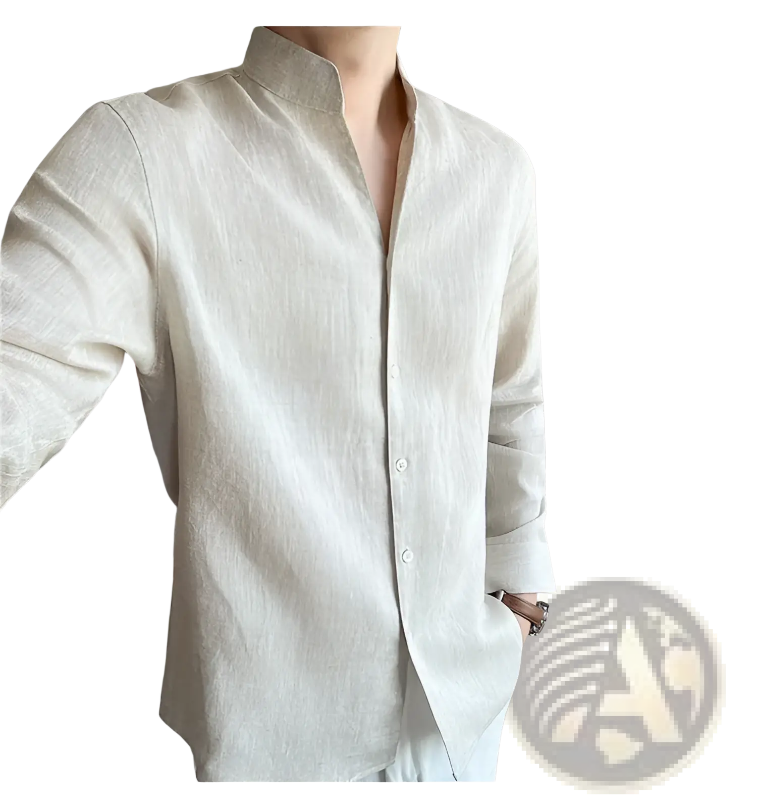 Men’s light beige linen mandarin collar shirt with long sleeves and button-front design