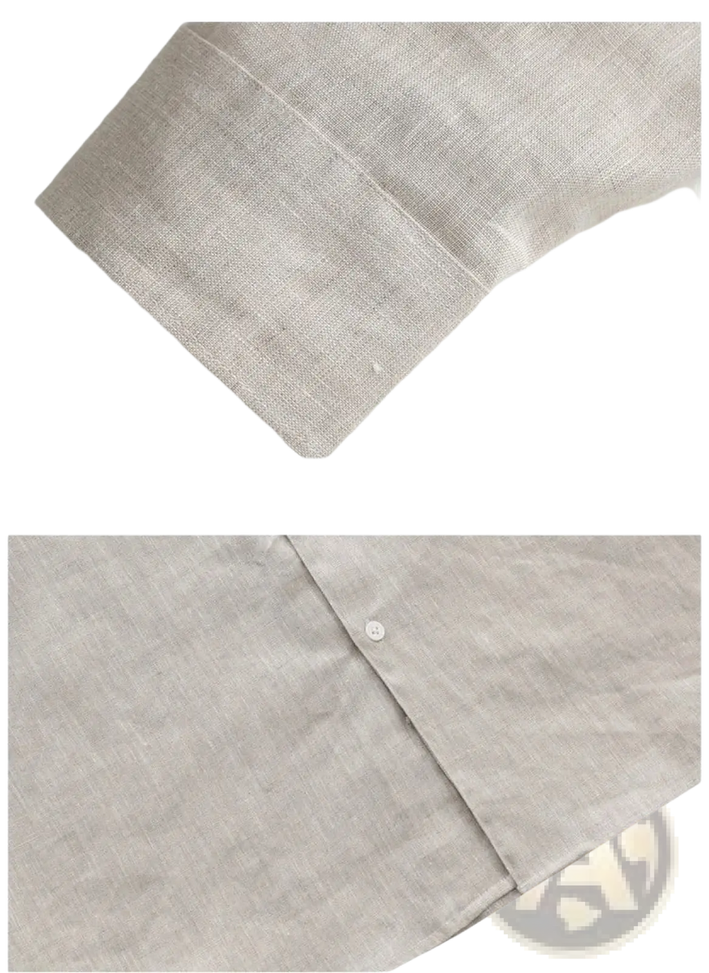 Men’s light beige linen mandarin collar shirt with subtle textured weave and simple white buttons