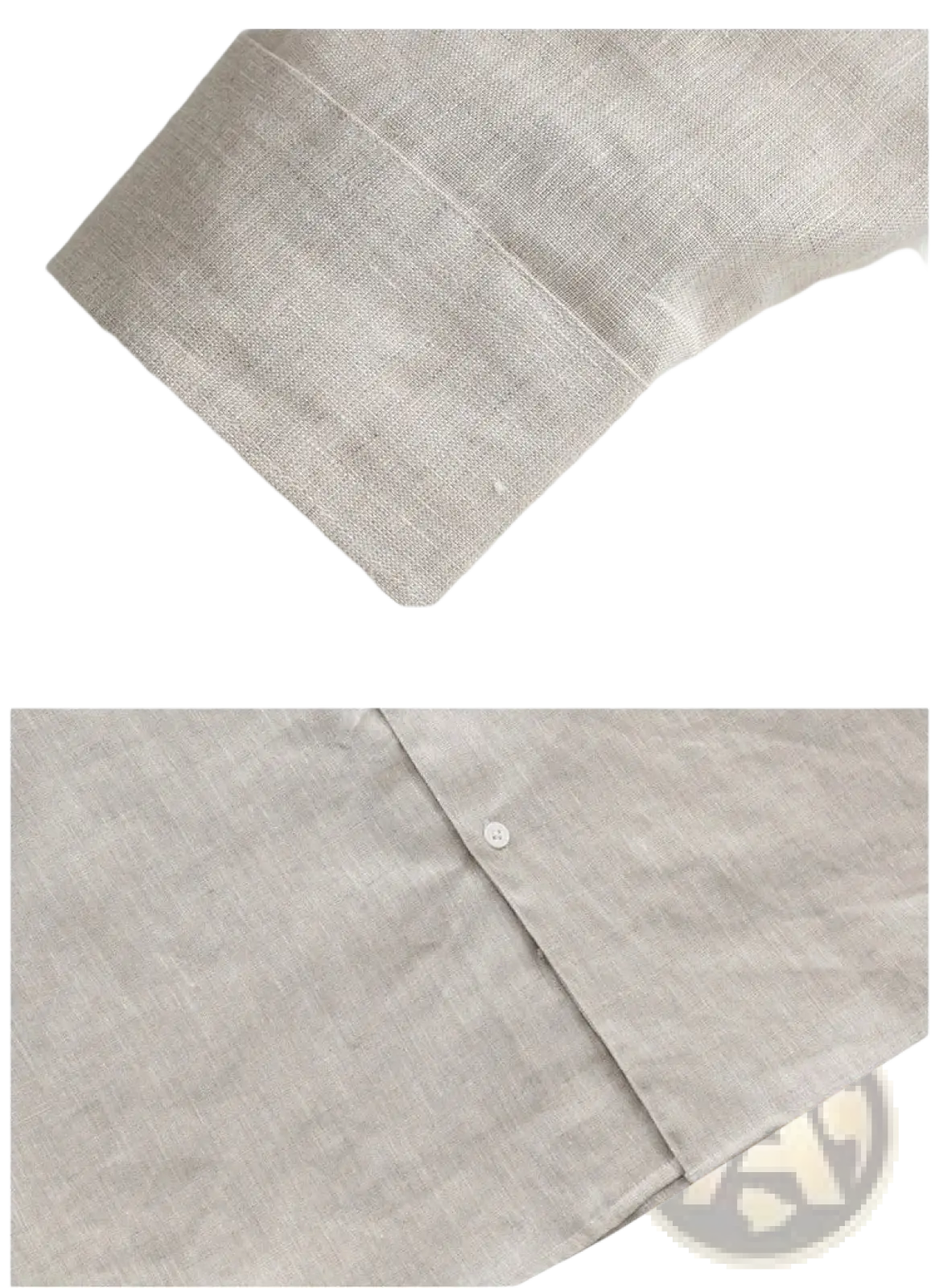 Men’s light beige linen mandarin collar shirt with subtle textured weave and simple white buttons