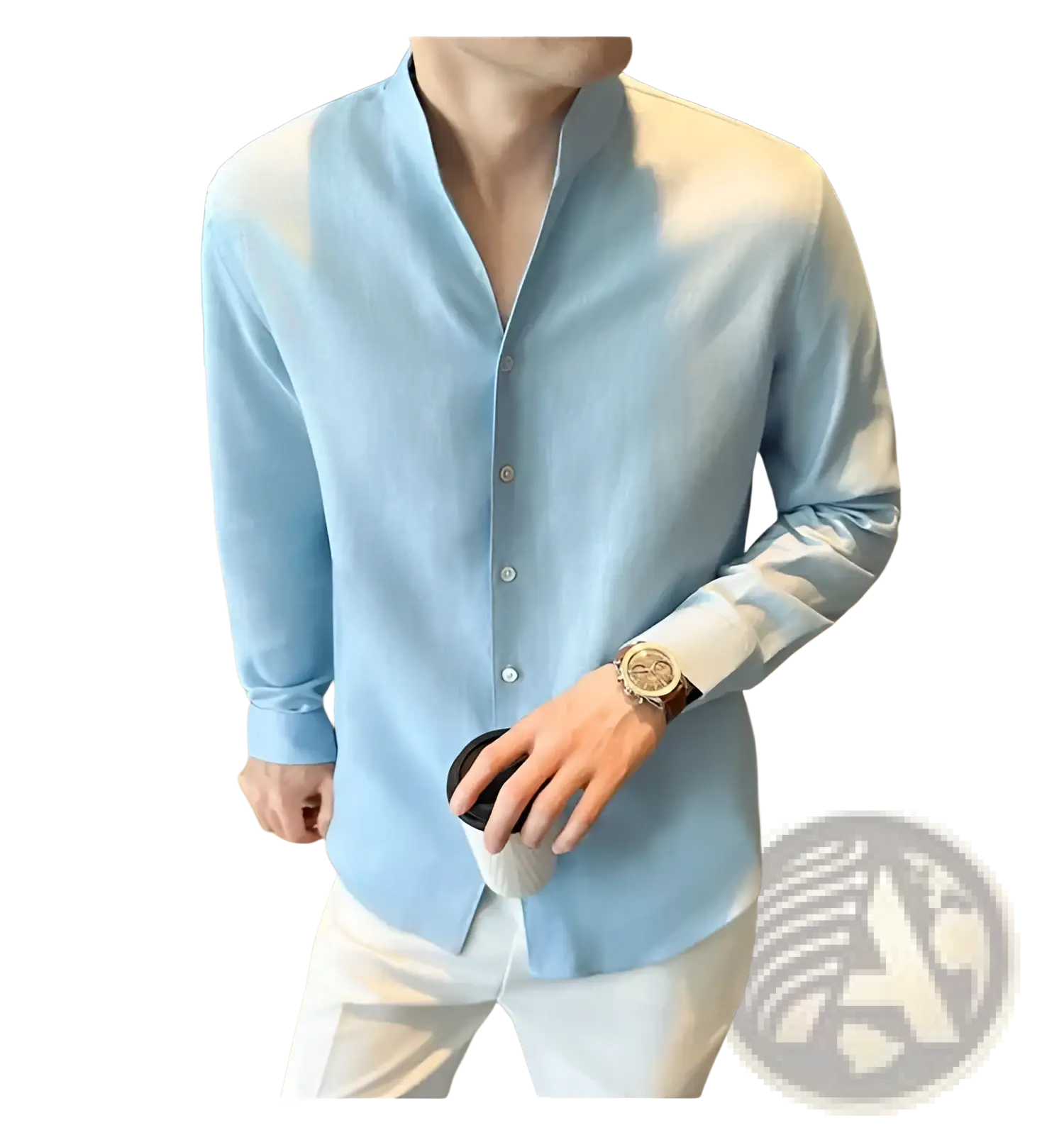 Men’s light blue linen long-sleeved shirt with mandarin collar and button-down front for casual and formal wear