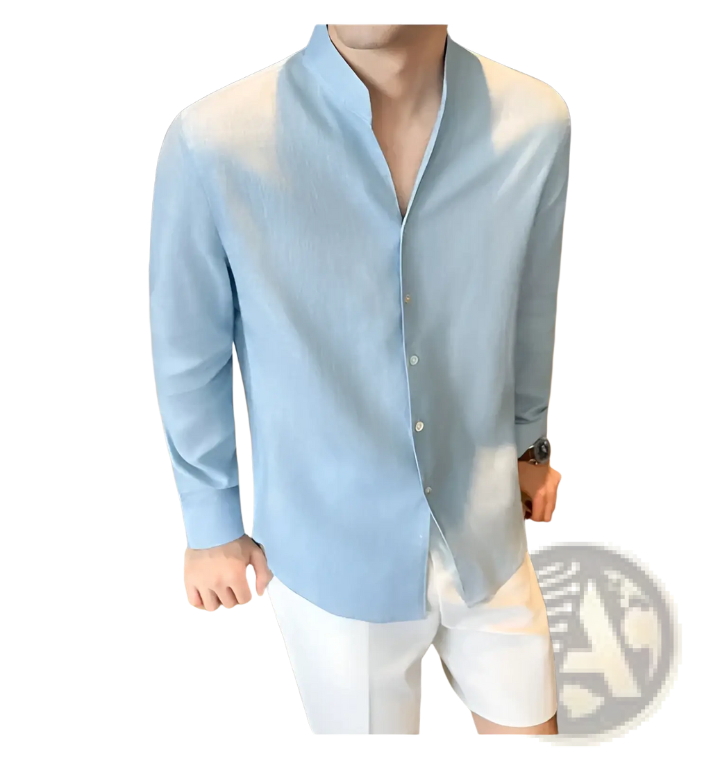 Light blue men’s linen mandarin collar shirt with long sleeves and button-up front for casual and formal wear