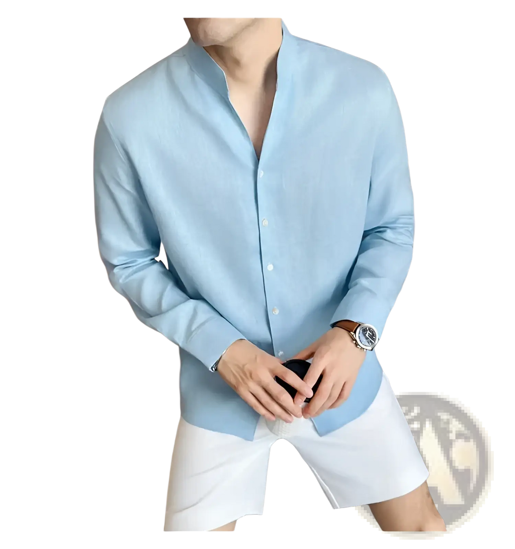 Light blue men’s linen mandarin collar shirt with long sleeves subtle texture ideal for casual and formal wear
