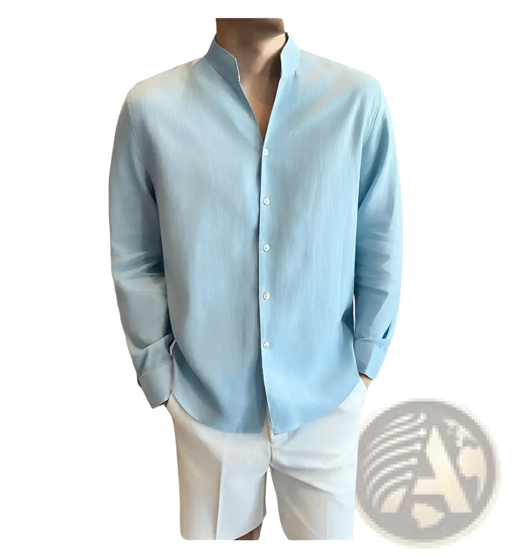 Men’s light blue linen long-sleeved shirt with mandarin collar and button-down front for casual or formal wear