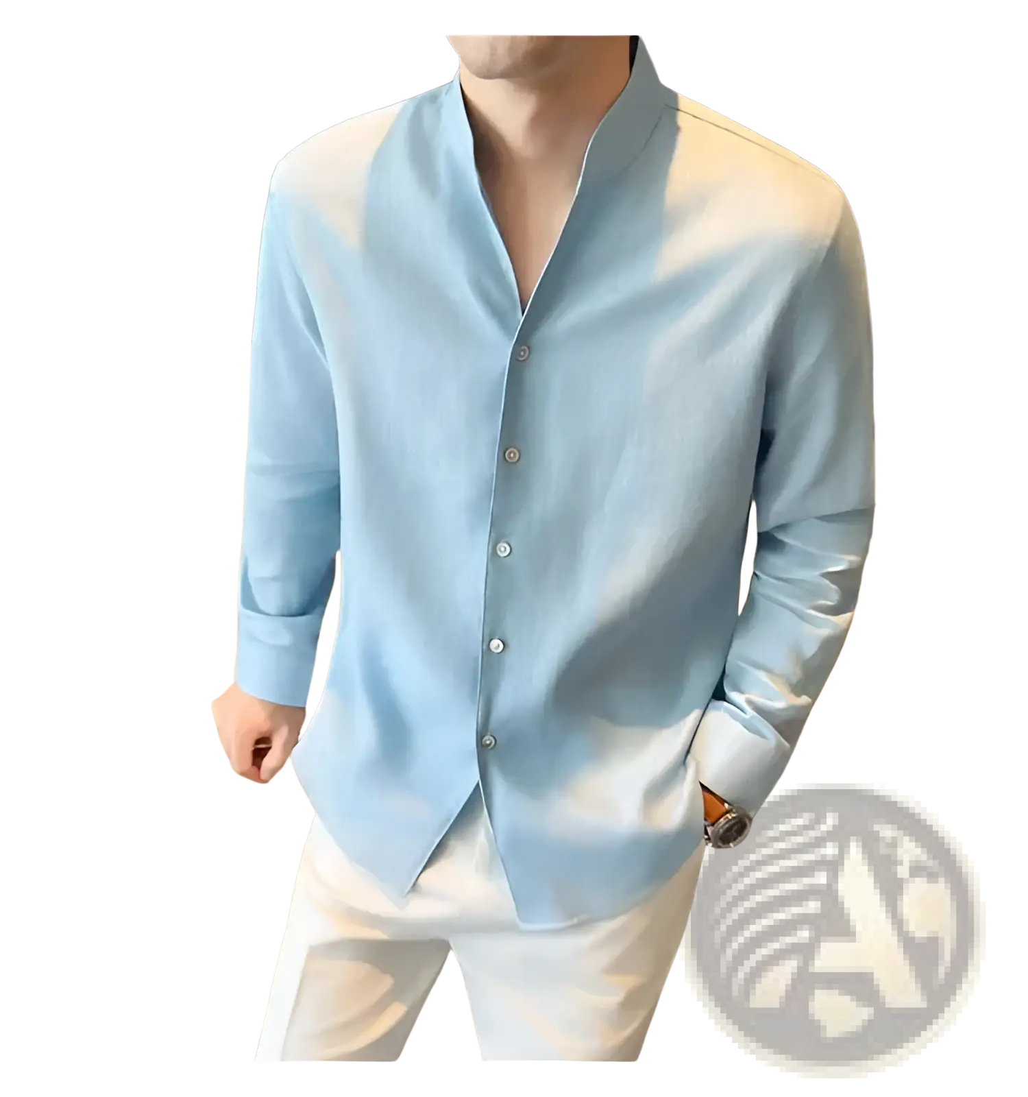 Men’s linen mandarin collar shirt in light blue with long sleeves and a subtle gradient button-down front