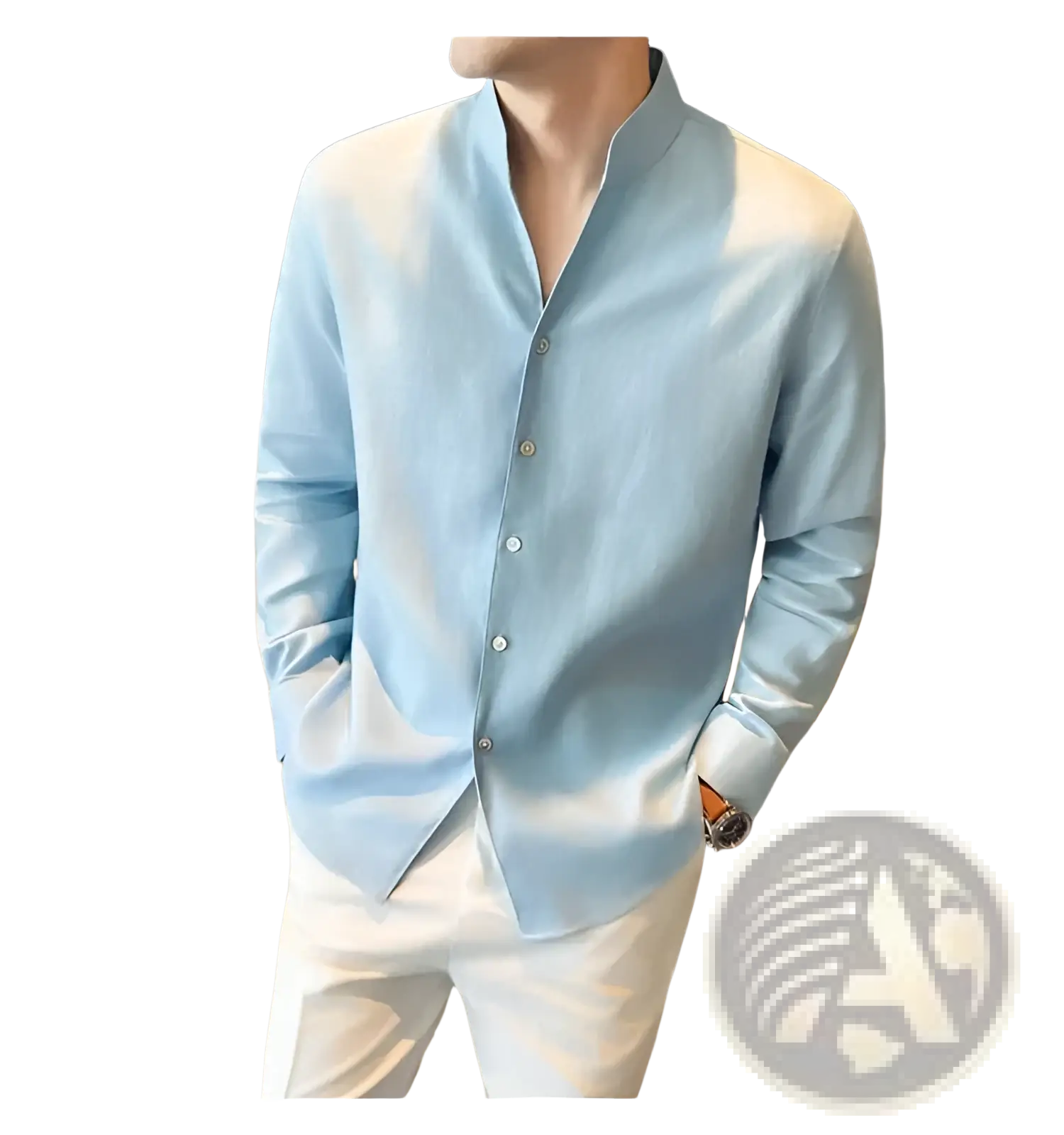 Men’s linen long-sleeved shirt with a light blue and white gradient and mandarin collar for casual wear