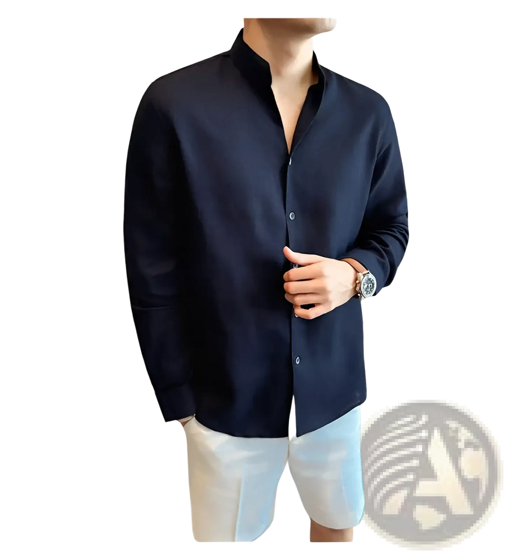 Men’s navy blue linen long-sleeved button-up shirt with mandarin collar perfect for casual or formal wear
