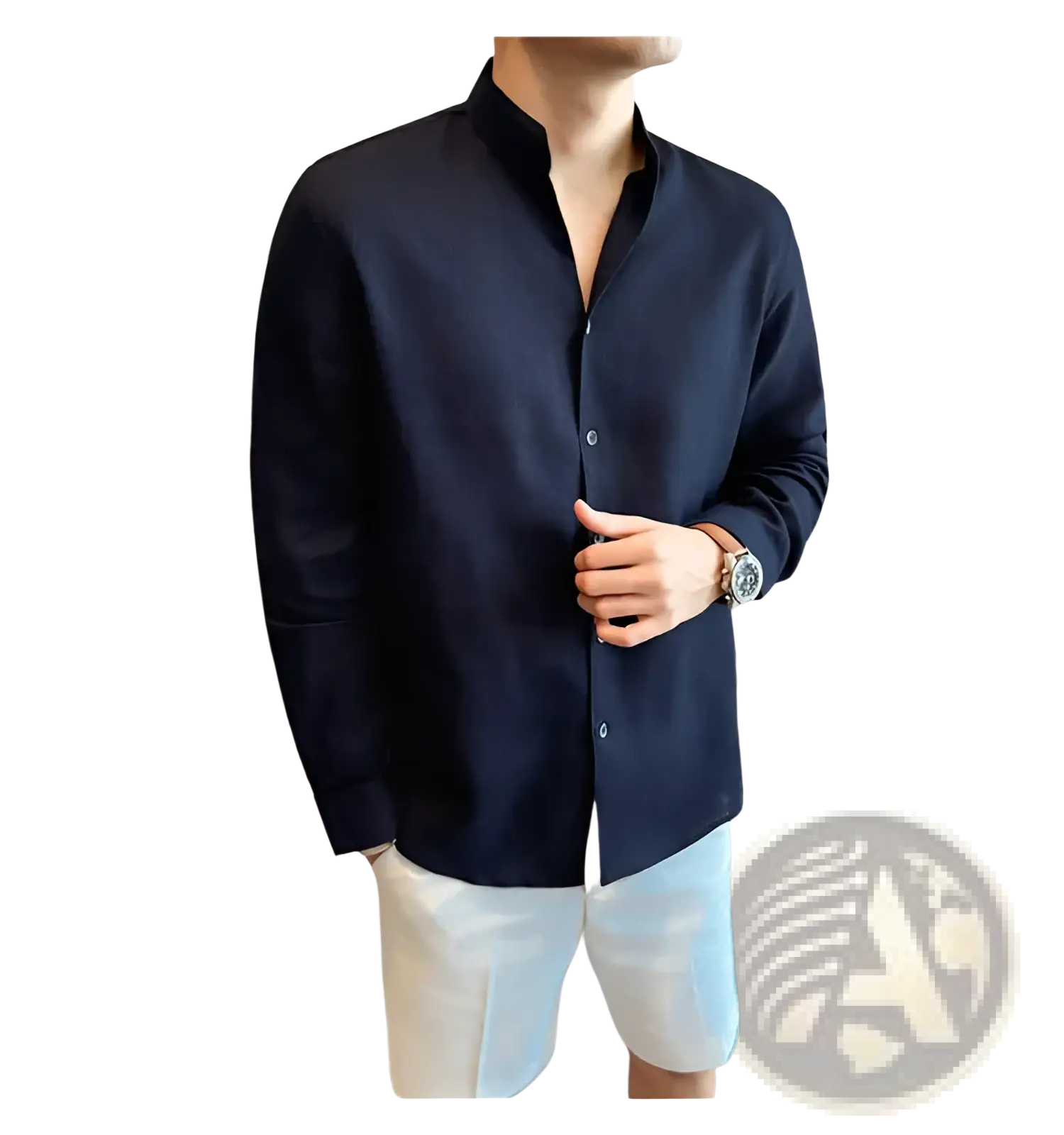 Men’s navy blue linen long-sleeved button-up shirt with mandarin collar perfect for casual or formal wear