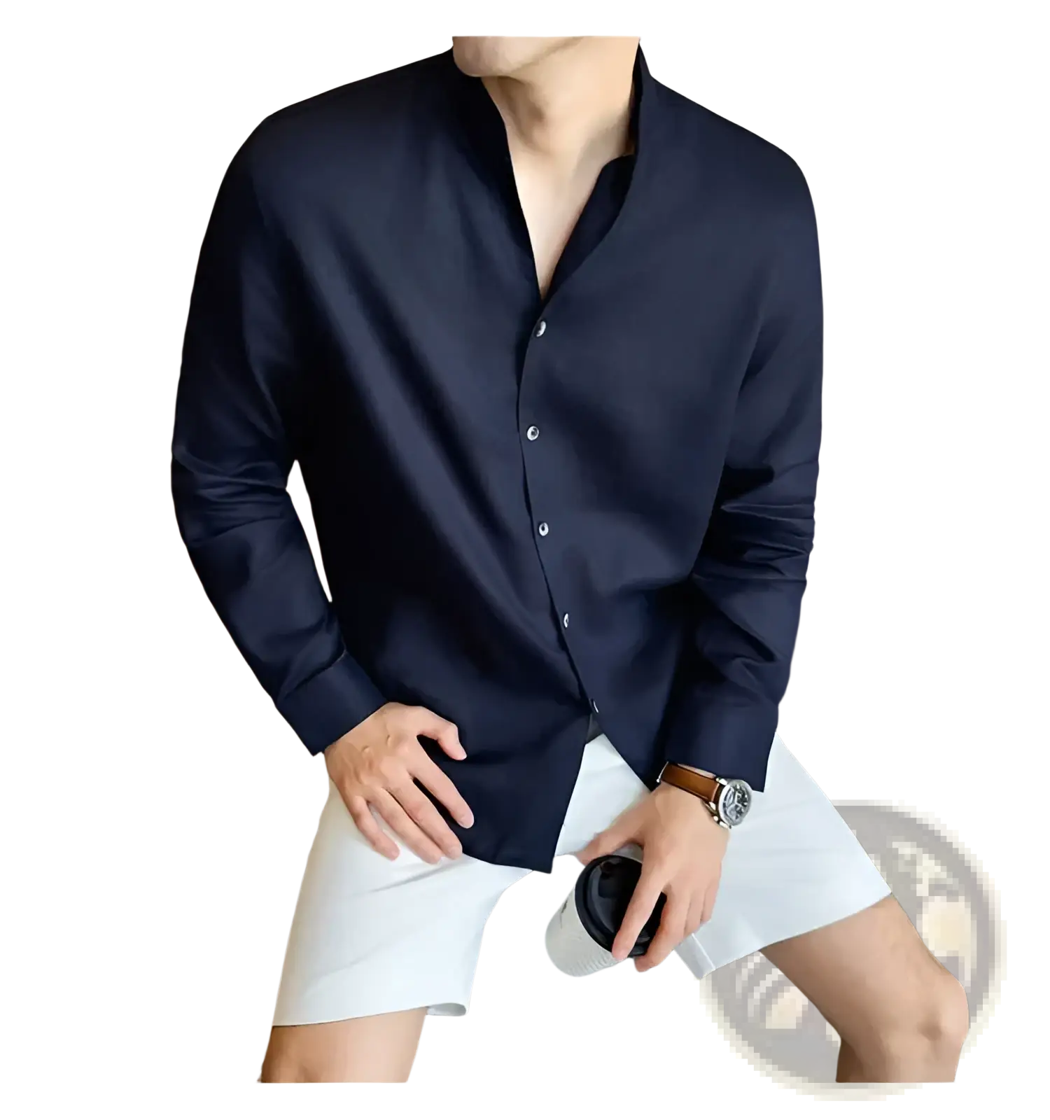 Men’s navy blue linen long-sleeved shirt with mandarin collar and subtle sheen perfect for casual or formal wear