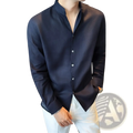 Men’s dark navy linen long-sleeved shirt with mandarin collar and subtle sheen in a button-up design