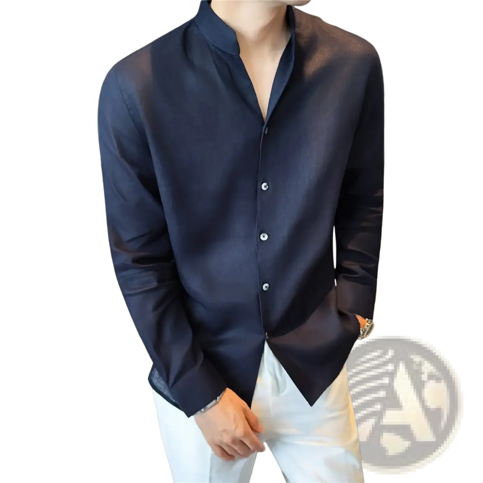 Men’s dark navy linen long-sleeved shirt with mandarin collar and subtle sheen in a button-up design