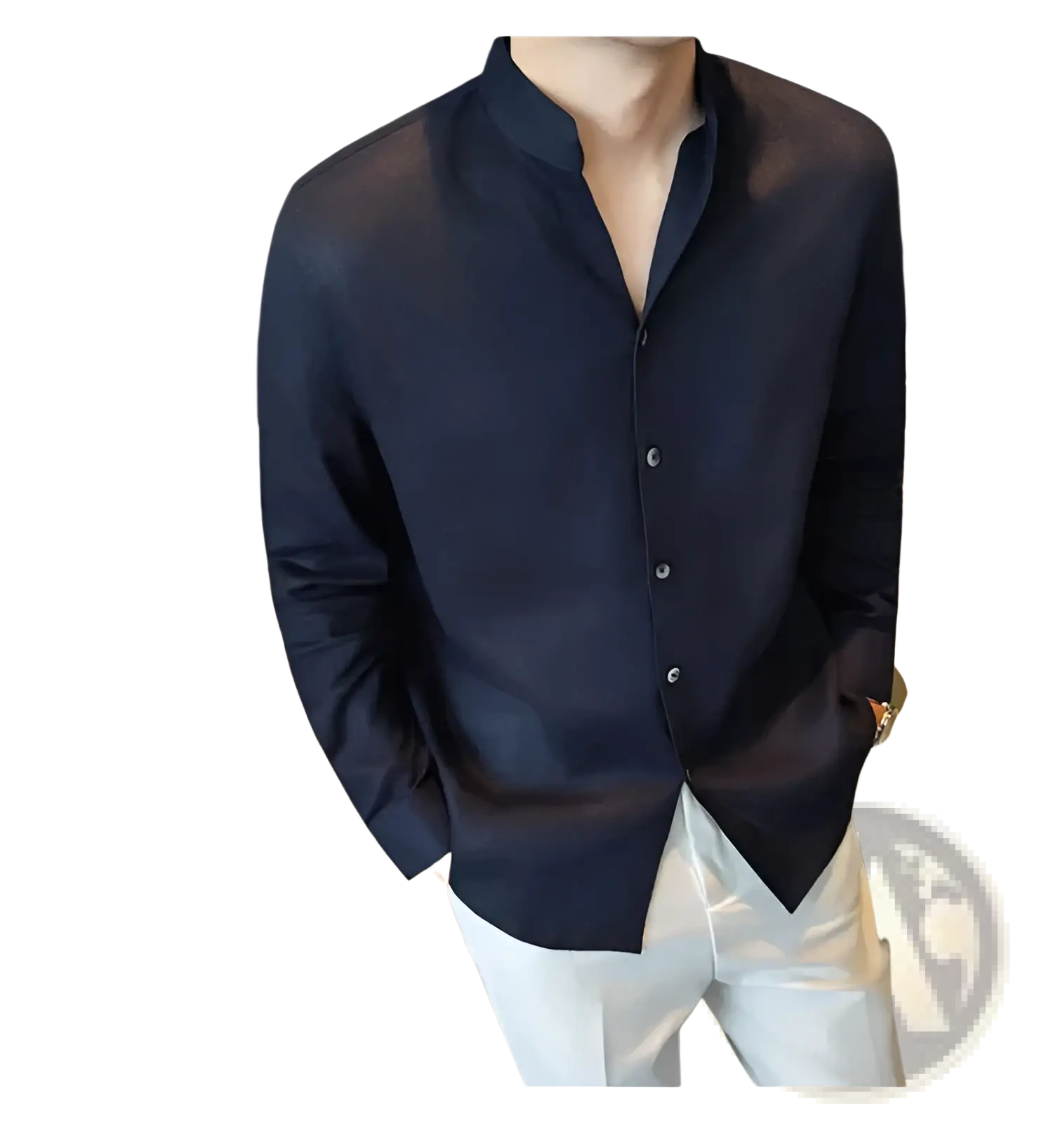 A sleek navy blue men’s linen mandarin collar shirt with long sleeves and subtle button detailing