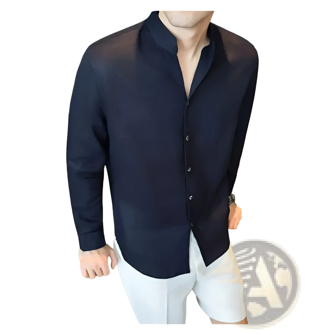 A sleek navy blue men’s linen long-sleeved button-up shirt with a mandarin collar perfect for formal wear