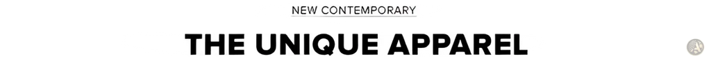 The unique apparel logo with bold black text and new contemporary above on a men’s black linen mandarin collar shirt