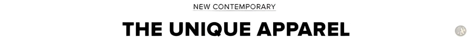 The unique apparel logo with bold black text and new contemporary above on a men’s black linen mandarin collar shirt