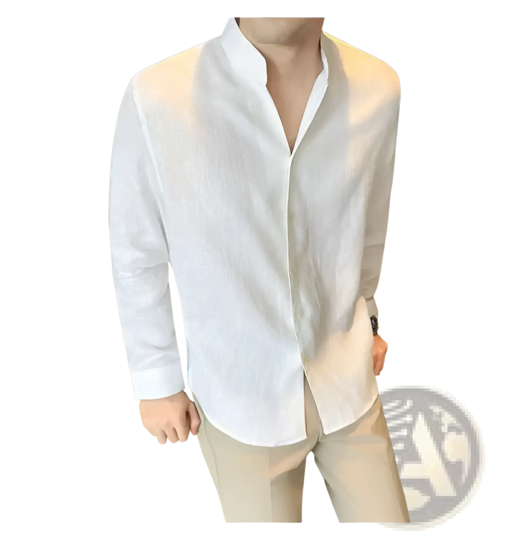 Men’s white linen shirt with mandarin collar and button-down front ideal for casual and formal wear