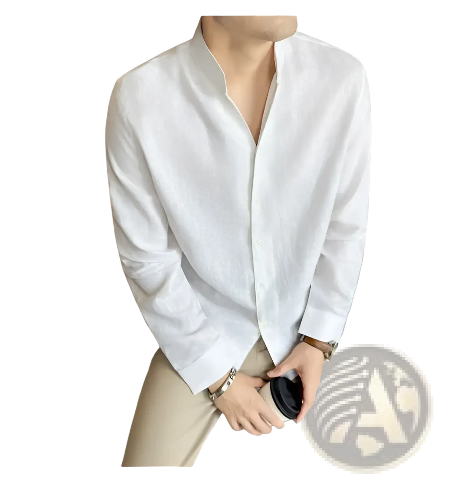 Men’s white linen long-sleeved mandarin collar shirt with button-up front and subtle textured fabric