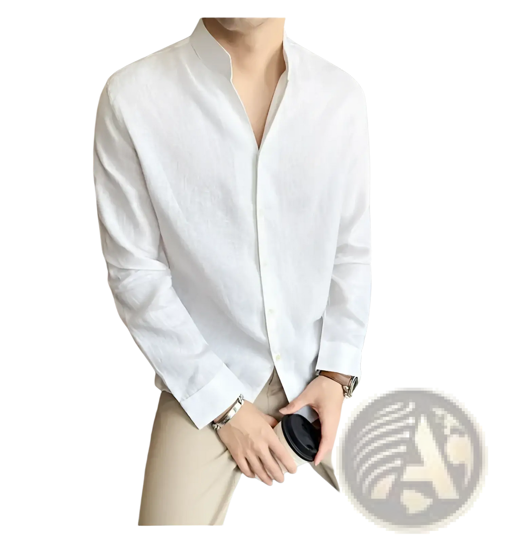 Men’s white linen long-sleeved shirt with mandarin collar and button-down front for formal or casual wear