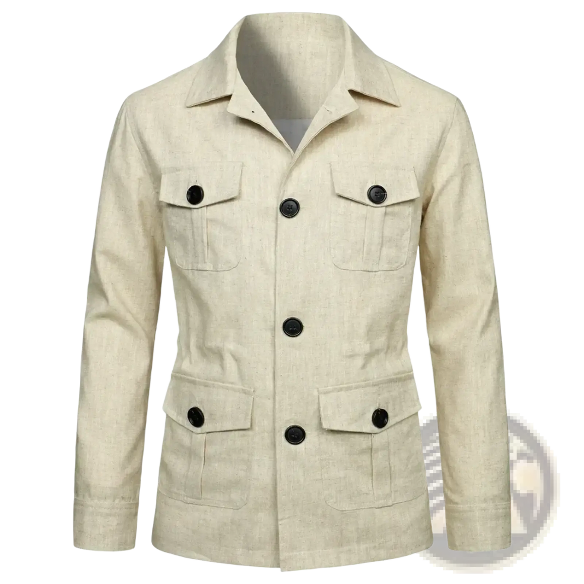 Mens linen safari jacket in beige with black buttons and flap pockets made from breathable linen fabric