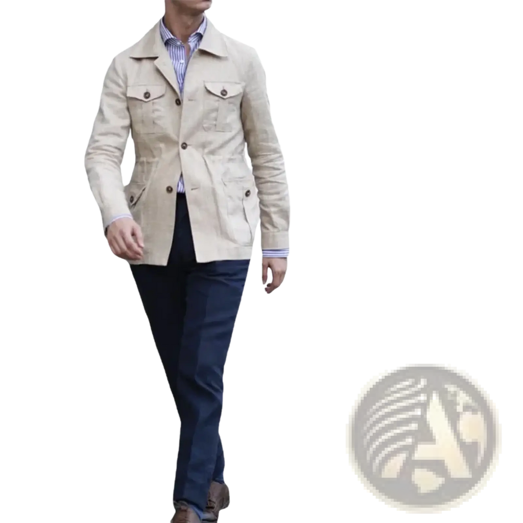Beige mens linen safari jacket with buttoned flap pockets and collar worn over striped shirt retro outerwear