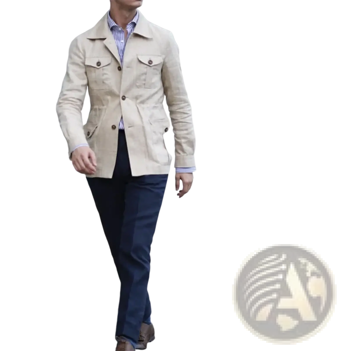 Beige waxed cotton mens linen safari jacket with flap pockets and button closures retro outerwear for versatile use