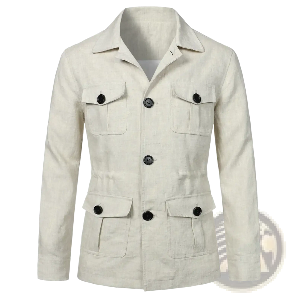 Beige mens linen safari jacket with black buttons and flap pockets retro outerwear for casual use