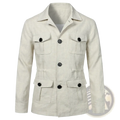 Beige mens linen safari jacket with black buttons and flap pockets retro outerwear for casual use