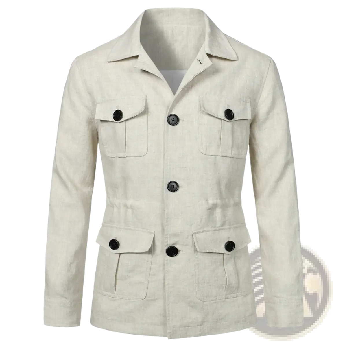 Beige mens linen safari jacket with black buttons and flap pockets retro outerwear for casual use