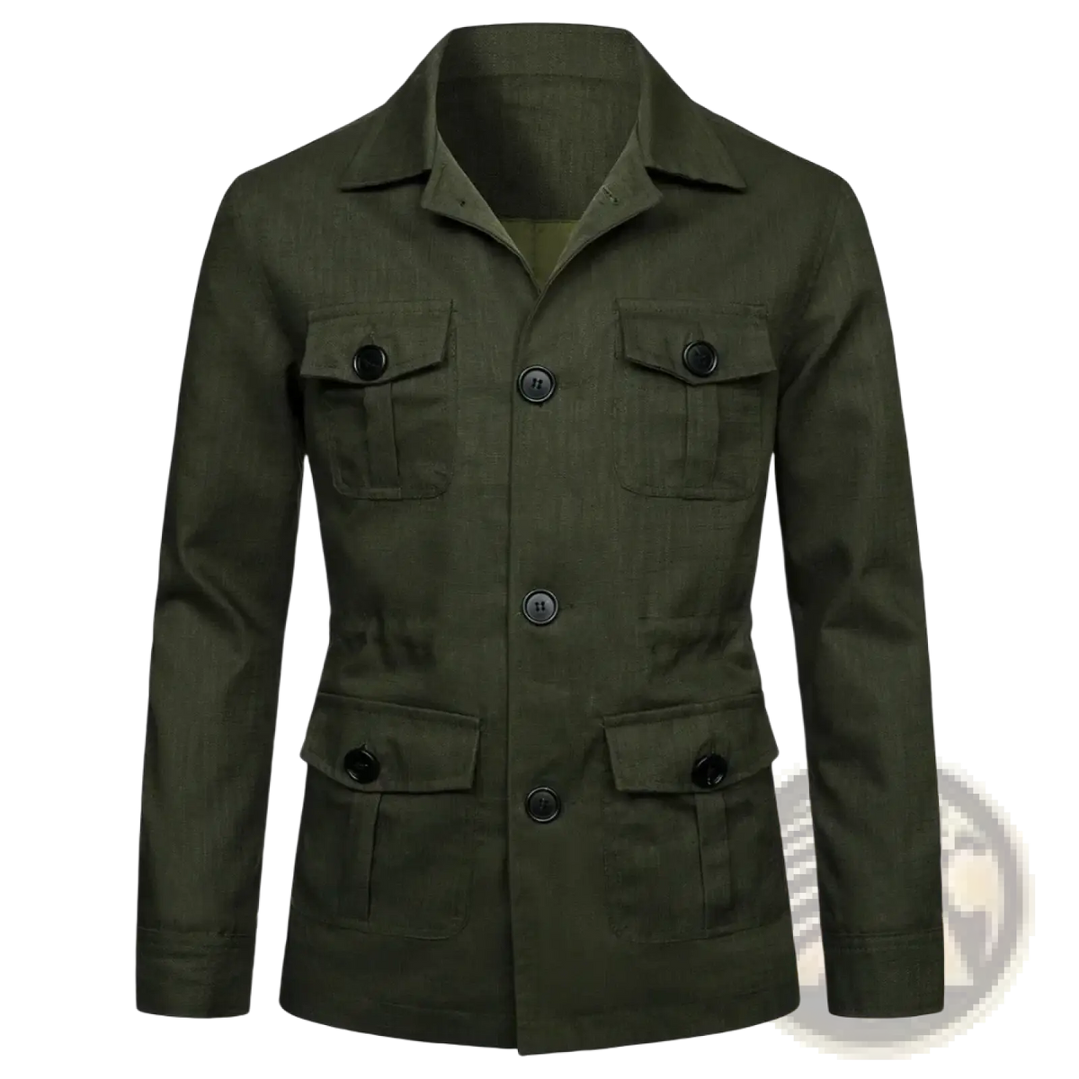 Mens linen safari jacket in olive green with black button closures and flap pockets featuring retro outerwear style