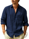 Navy blue mens linen shirt with button-down front classic collar and rolled-up sleeves lightweight casual summer top
