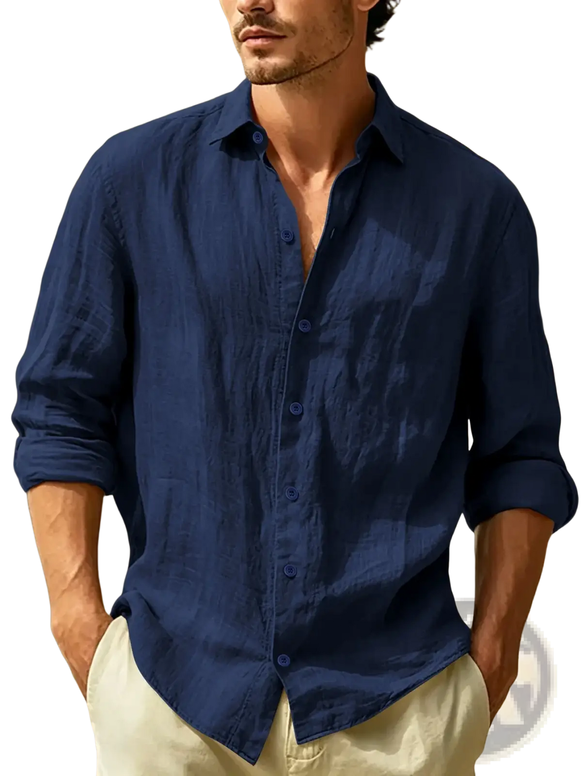 Navy blue mens linen shirt with button-down front classic collar and rolled-up sleeves lightweight casual summer top