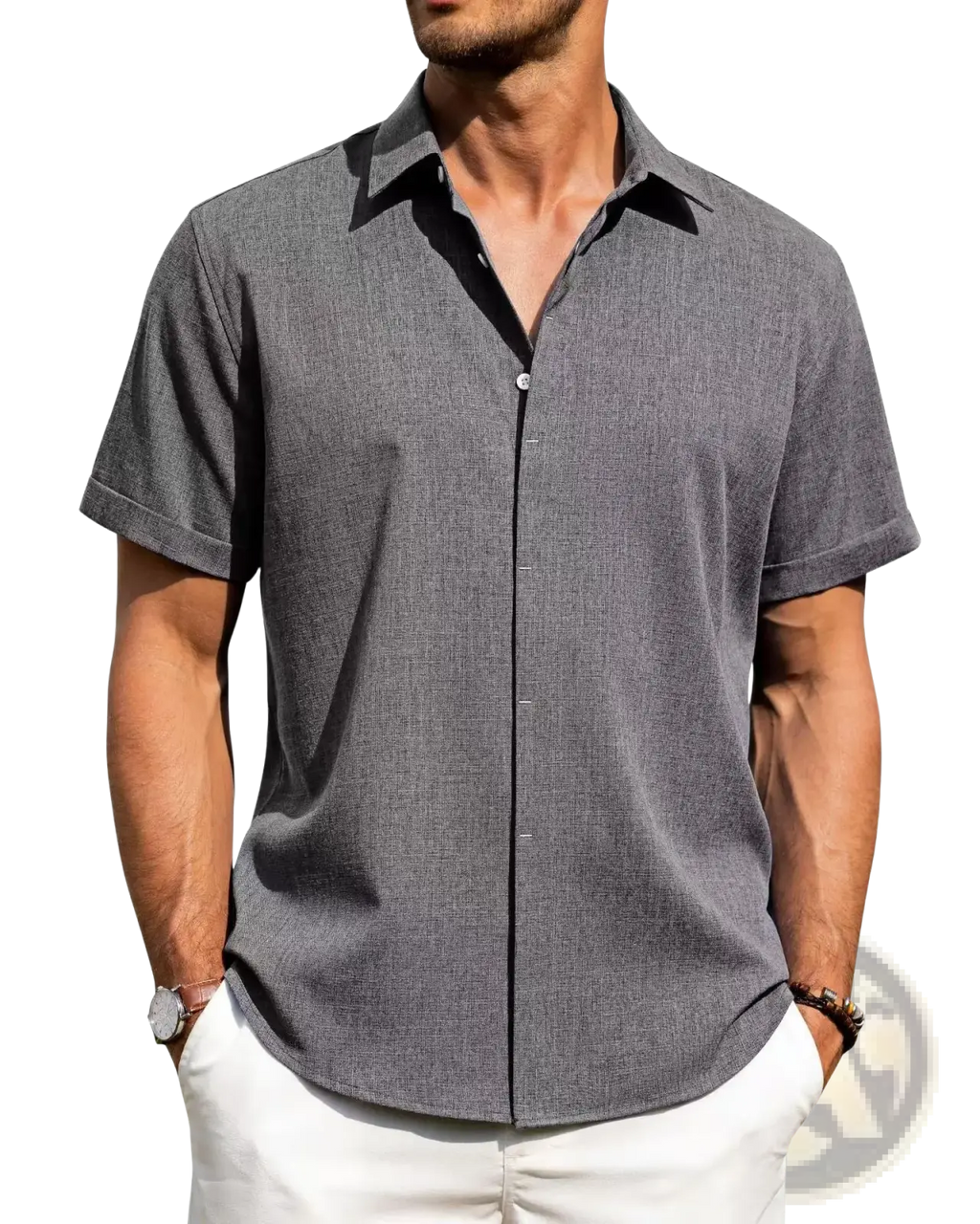 Mens linen short sleeve button down casual shirt in gray with subtle textured weave and black inner collar lining