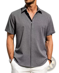 Mens linen short sleeve button down casual shirt in gray with subtle textured weave and black inner collar lining